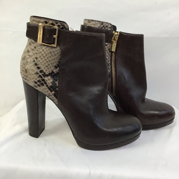 MICHAEL KORS WOMEN BROWN SNAKE SKIN LEATHER PLATFORM CHUCKY HEEL BOOTS SZ 7M - Picture 3 of 6